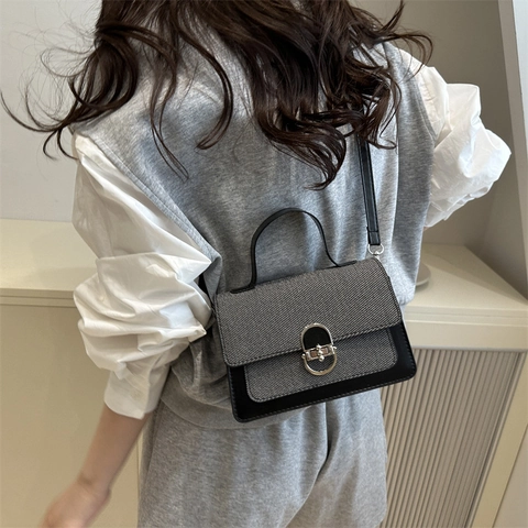 Chique Color Block Vierkante Crossbodytas PU Leer Geweven Stof Handtas Kleine Schoudertas Voor Dames