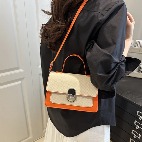 Borsa Quadrata Piccola da Donna in Pelle PU Tessuto Patchwork Tracolla Messenger Con Chiusura in Metallo Urban Minimalist Tote