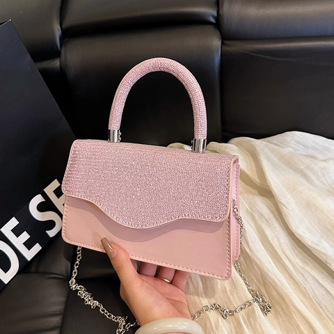 Borsa a Tracolla con Strass Glitter da Donna Elegante Moda in Pelle PU Quadrata Borsa a Mano Piccola Borsa da Sera con Catena