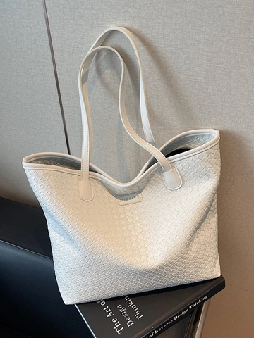 Large Capacity Woven Texture Tote Bag PU Leather Commuter Fashion Solid Color Shoulder Bag For Women Daily Casual