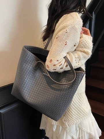 Large Capacity Woven Texture Tote Bag PU Leather Commuter Fashion Solid Color Shoulder Bag For Women Daily Casual