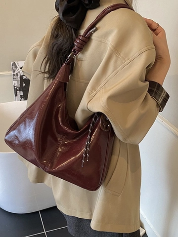 Bolso Hobo de Cuero PU Brillante Vintage para Mujer Gran Capacidad Correa Anudada Bolso de Hombro Minimalista Bolso Tote