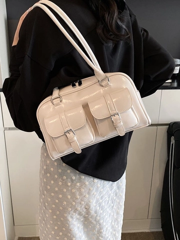 Damen Große Kapazität PU Leder Schultertasche Retro Glänzende Doppel Taschen Unterarmtasche Urban Minimalistisch Handtasche