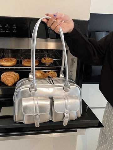 Damen Große Kapazität PU Leder Schultertasche Retro Glänzende Doppel Taschen Unterarmtasche Urban Minimalistisch Handtasche