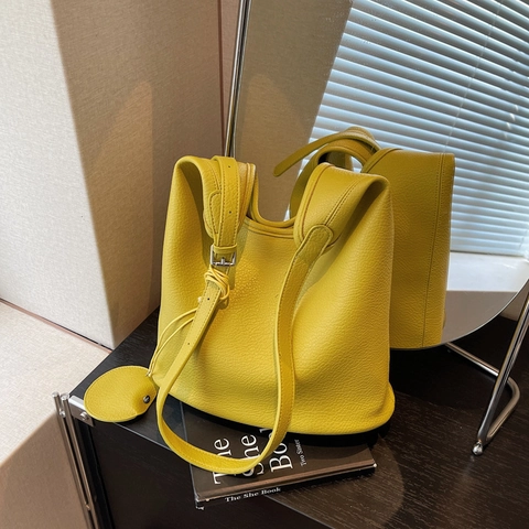 Bucket Bag Lychee Pattern Large Capacity PU Leather Shoulder Crossbody Handbag With Pouch Commuter Casual Retro For Women