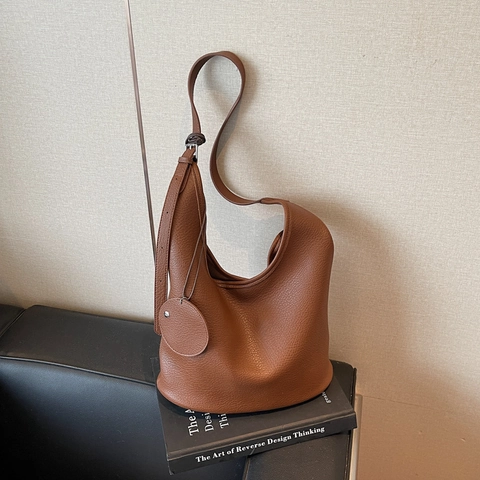 Bucket Bag Lychee Pattern Large Capacity PU Leather Shoulder Crossbody Handbag With Pouch Commuter Casual Retro For Women