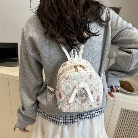 Mini Rucksack PU Leder Cartoon Bär Erdbeere Druck Schleife Herz Dekor Lässig Reise Süßer Stil Mädchen Frauen