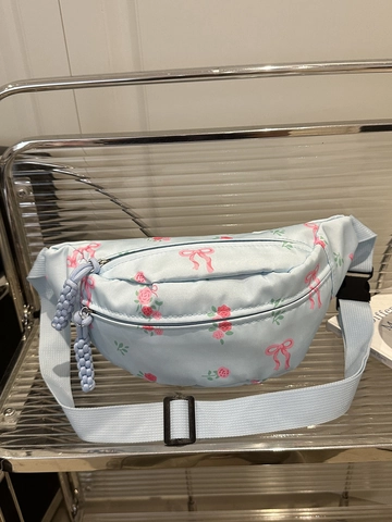 Women Floral Print Bow Fanny Pack Lightweight Waist Bag PU Rose Pattern Chest Bag With Braided Zipper Puller Crossbody Bag