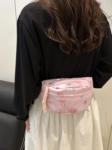 Women Floral Print Bow Fanny Pack Lightweight Waist Bag PU Rose Pattern Chest Bag With Braided Zipper Puller Crossbody Bag