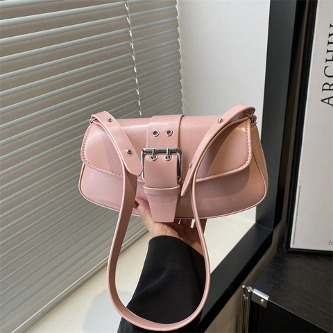 Borsa Sottobraccio in Pelle PU Retrò da Donna Con Grande Fibbia in Metallo Argento Borsa a Tracolla a Tinta Unita