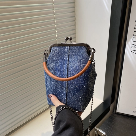 Sac Bandoulière Rétro en Denim Avec Fermoir Kiss-lock Pour Femmes Sac à Main en Strass Chaîne Vintage Style Seau Mini Sac
