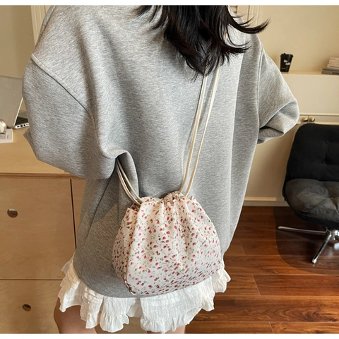 Bucket Bag Floral Print Canvas Cloth Drawstring Shoulder Handbag Casual Pastoral Style Women Accessory