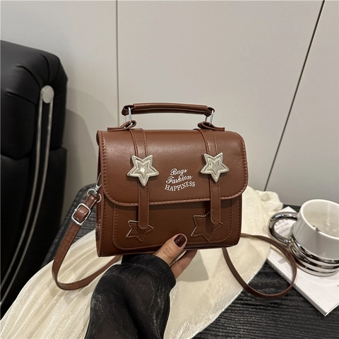 Women Star Decor PU Leather Small Square Crossbody Bag Fashion Happiness Letter Print Handbag With Top Handle Adjustable Strap