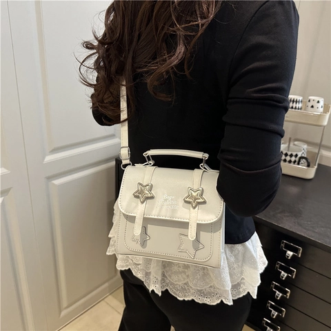 Women Star Decor PU Leather Small Square Crossbody Bag Fashion Happiness Letter Print Handbag With Top Handle Adjustable Strap