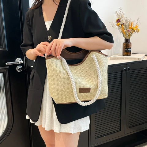 Bolso Tote de Paja Tejida Gran Capacidad Mujer Verano Playa Bolso de Hombro Casual Asa de Cuerda Moda Bolso PU Trim