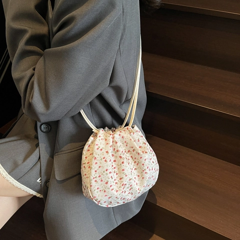 Women Floral Printed Bucket Bag Small Drawstring Shoulder Crossbody Bag Casual Fabric Handbag For Lady Outdoor Travel