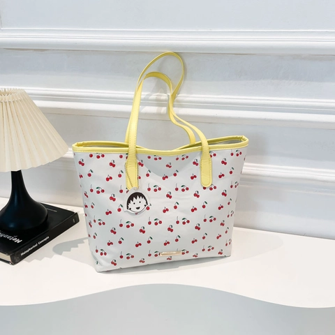 Women Cute Cherry Print PU Leather Tote Bag Large Capacity Niche Designer Shoulder Bag Casual Daily Versatile Handbag