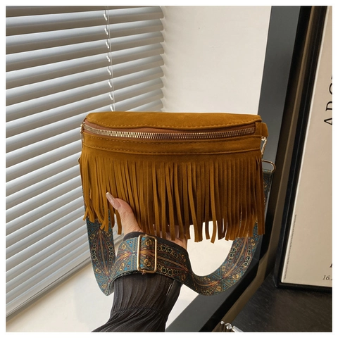 Damen Vintage Wildlederimitat Quasten Umhängetasche Böhmischer Etnischer Breiter Riemen Schultertasche Retro Satteltasche Lässige Handtasche