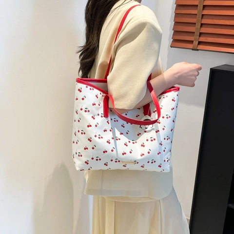 Women Cute Cherry Print PU Leather Tote Bag Large Capacity Niche Designer Shoulder Bag Casual Daily Versatile Handbag