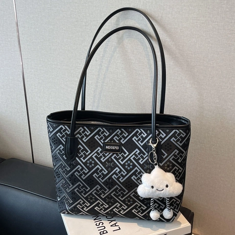 Women Large PU Leather Tote Bag Geometric Embroidery Shoulder Bag With Plush Cloud Charm Ethnic Chinese Style Light Luxury Handbag For Daily Work