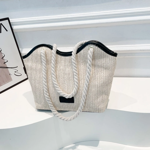 Women Fashion Straw Tote Bag Large Capacity Woven Splicing PU Leather Shoulder Bag Summer Beach Vacation Cotton Rope Handle