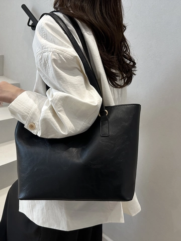 Bolso Tote De Gran Capacidad Para Mujer Minimalista Cuero PU Patrón Lichi Color Sólido Bolso De Hombro Informal Viaje Diario