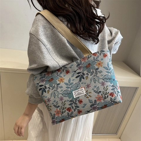 Borsa Tote In Jacquard Floreale Vintage Da Donna Borsa A Spalla In Tela Di Grande Capacità Borsa A Mano Quotidiana