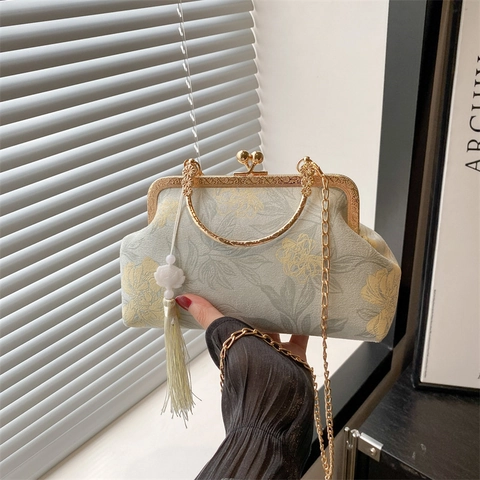 Borsa Da Sera Jacquard Floreale Con Manico E Catena Stile Etnico Retrò Pochette Con Nappa Per Donna