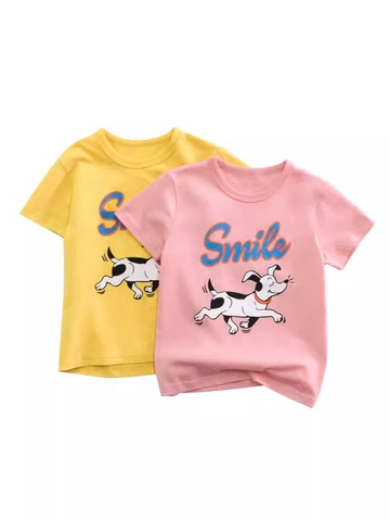 Girls Toddler Short Sleeve T-Shirt 100% Cotton Crew Neck Cartoon Dog Smile Print Summer Casual Tops