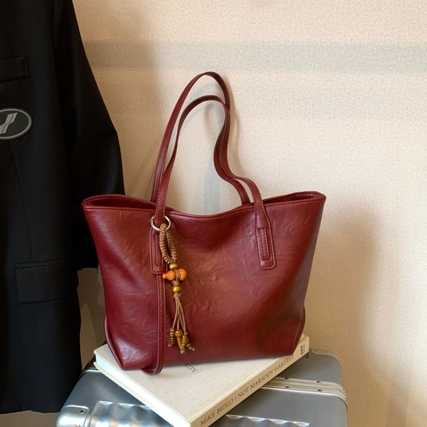 Bolso Tote de Cuero PU de Gran Capacidad Vintage para Mujer Con Colgante de Borla de Cuentas de Madera Bolso de Hombro Casual Oficina
