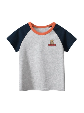 Camiseta De Manga Corta Raglán Para Niñas 100% Algodón Bloque De Color Estampado De Oso De Dibujos Animados Top Casual