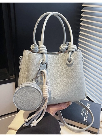 Women Litchi Grain PU Leather Bucket Bag Knot Handle Detachable Shoulder Strap Round Coin Purse Crossbody Shoulder Bag