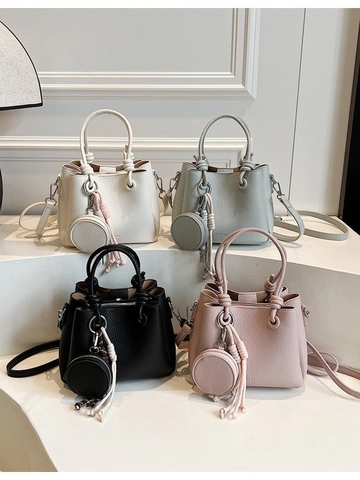 Women Litchi Grain PU Leather Bucket Bag Knot Handle Detachable Shoulder Strap Round Coin Purse Crossbody Shoulder Bag