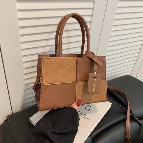 Dames Patchwork Color Block Crossbody Tas PU Leer Handtas Bovenhandvat Verstelbare Schouderband Mode Casual