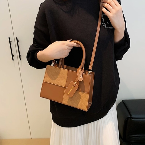 Dames Patchwork Color Block Crossbody Tas PU Leer Handtas Bovenhandvat Verstelbare Schouderband Mode Casual