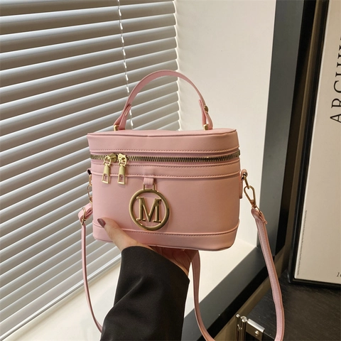 Vintage PU Leather Vanity Box Crossbody Bag For Women Fashion Metal M Logo Handbag With Strap Small Square Shoulder Bag