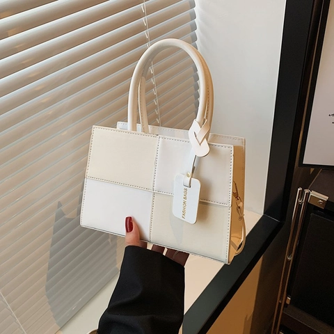 Korean Style Women Patchwork PU Leather Handbag Contrast Color Square Crossbody Bag With Adjustable Shoulder Strap