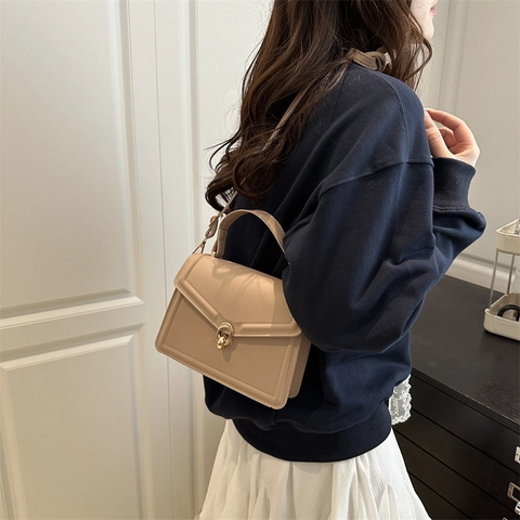 Women Crossbody Bag PU Leather Small Square Handbag With Golden Lock Envelope Flap Top Handle Retro Shoulder Bag