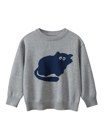 Pull en Maille pour Filles Col Rond Pur Coton Style Coréen Motif Chat Dessin Animé Manches Longues Pull Gris Haut en Maille Chaud et Doux pour Enfants