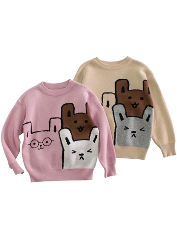 Girls Kids Casual Cotton Knitted Sweater Cartoon Rabbit Pattern Round Neck Long Sleeve Pullover Spring Autumn Top