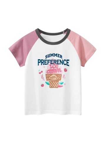 T-Shirt en Coton pour Filles Manches Raglan Imprimé Dessin Animé Glace Haut Décontracté Été Vêtements Enfants Blanc Riz