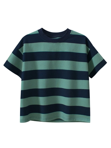 Boys Short Sleeve T-Shirt Cotton Stretch Striped Round Neck Casual Loose Fashion Tee Top For Big Kids Teens Comfortable