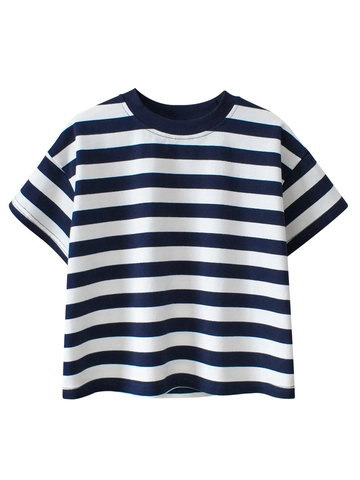 Kids Casual Striped Short Sleeve T-Shirt Cotton Lycra Loose Fit Round Neck Top For Boys Girls Summer Clothing