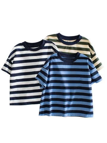 Kids Casual Striped Short Sleeve T-Shirt Cotton Lycra Loose Fit Round Neck Top For Boys Girls Summer Clothing