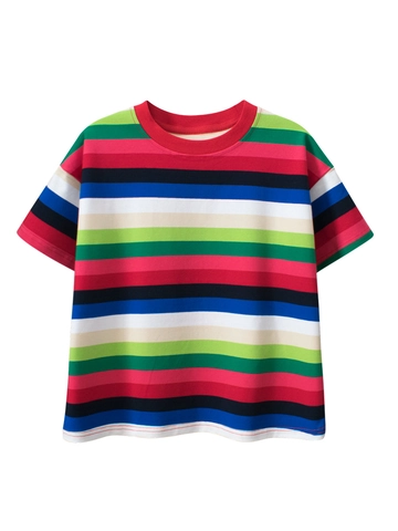Kids Rainbow Striped Short Sleeve T-Shirt Cotton Blend Crew Neck Casual Summer Loose Top For Boys Girls