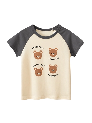 Maglietta In Cotone A Maniche Corte Da Ragazza Stampa Orso Cartone Animato Raglan Girocollo Morbida Traspirante Top Casual Estate