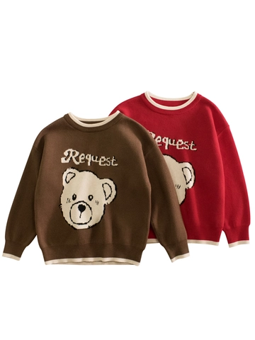 Girls Cartoon Bear Knitted Sweater Cotton Crew Neck Long Sleeve Autumn Pullover Casual Kids Knitwear Top