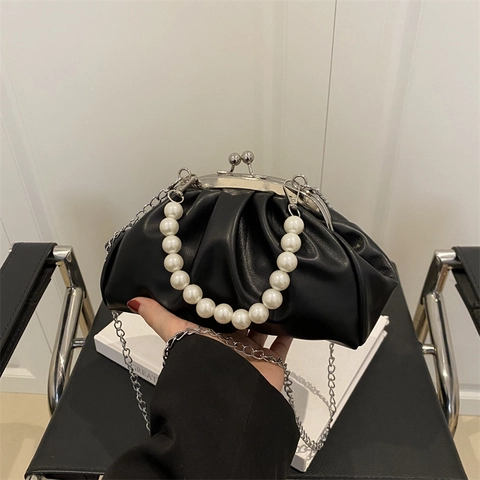 Women Shoulder Bag Pleated Cloud Design Artificial Pearl Handle Metal Chain Strap PU Leather Fashion Clasp Closure Daily Handbag