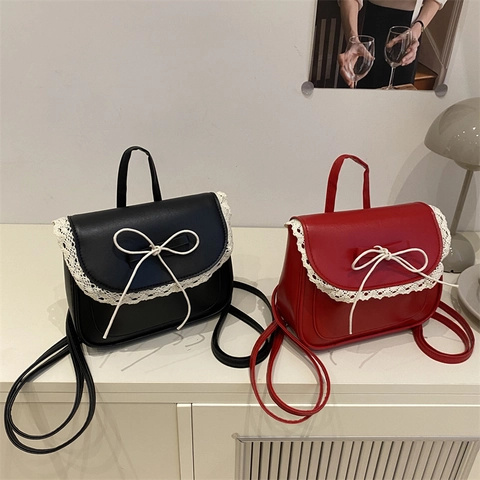 Mini Mochila de Cuero PU de Estilo Dulce Lolita Con Ribete de Encaje Y Decoración de Lazo Mochila Casual de Moda para Mujeres Niñas