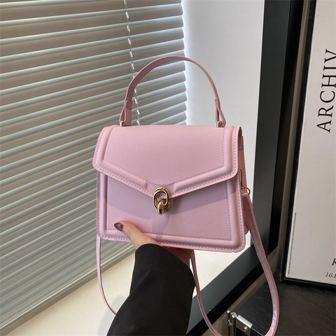 Women PU Leather Small Square Bag Simple Solid Color Shoulder Crossbody Bag With Gold Lock And Adjustable Strap Trendy Handbag